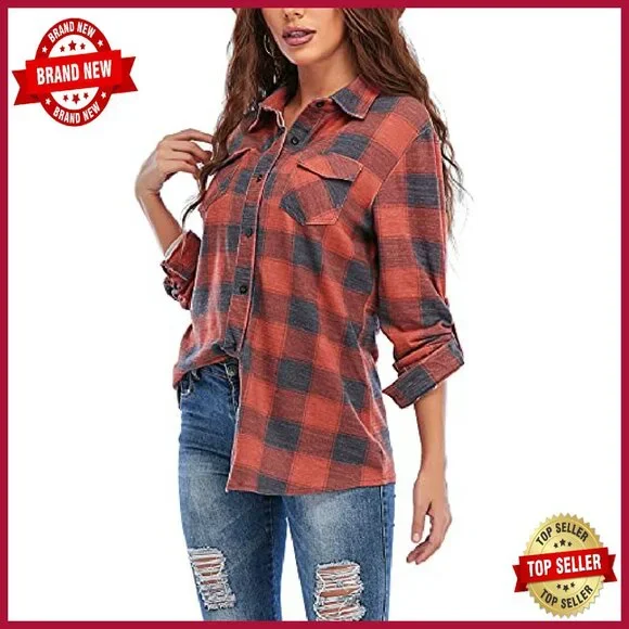 Women's Casual Long Sleeve Button Down Plaid Flannel Shirt - Picture 7 of 8